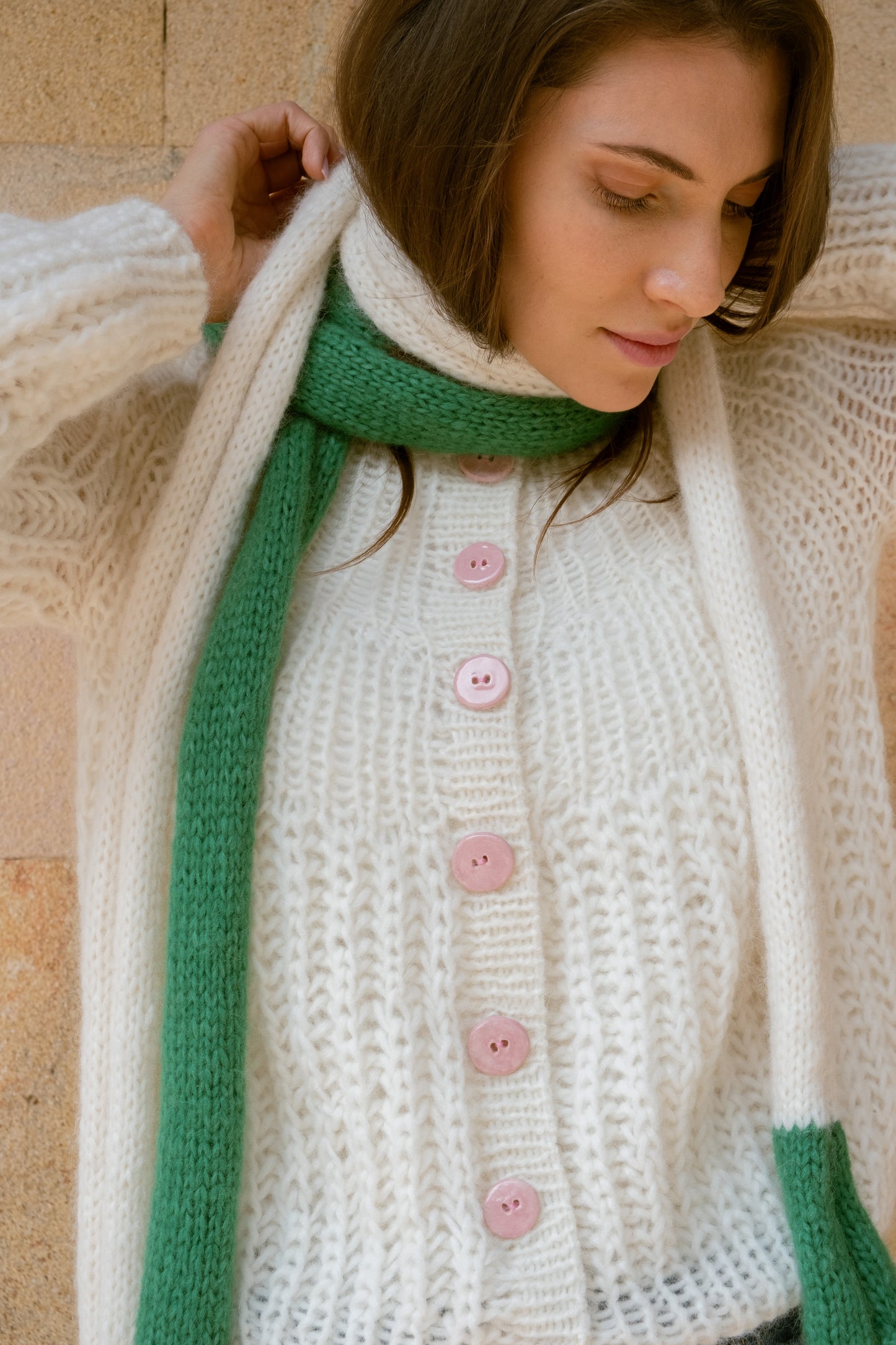 Knit Skinny Scarf in Green Merino Wool