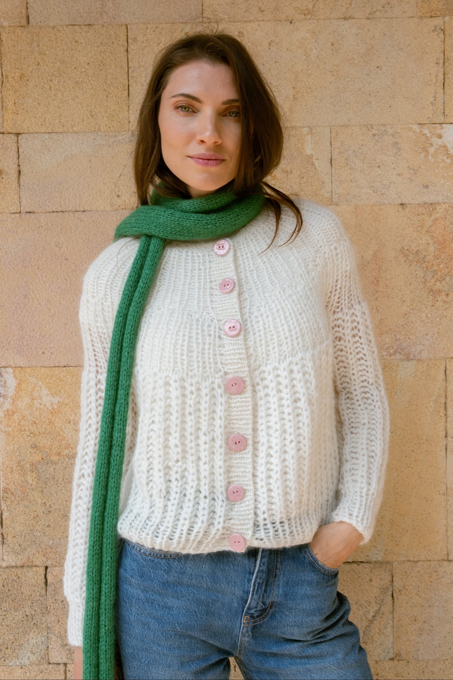 Knit Skinny Scarf in Green Merino Wool