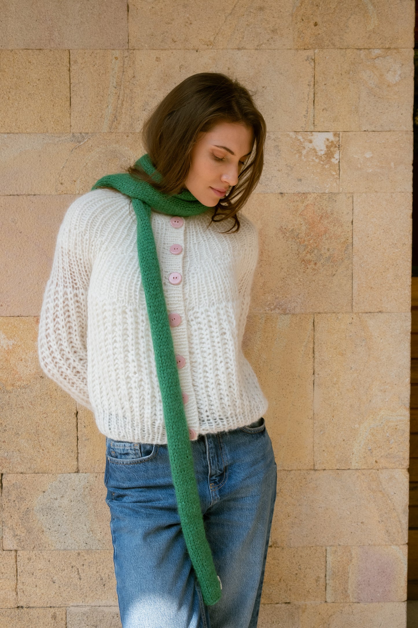 Knit Skinny Scarf in Green Merino Wool